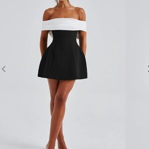 Elegant Off-Shoulder Black and White Mini Dress with Bow